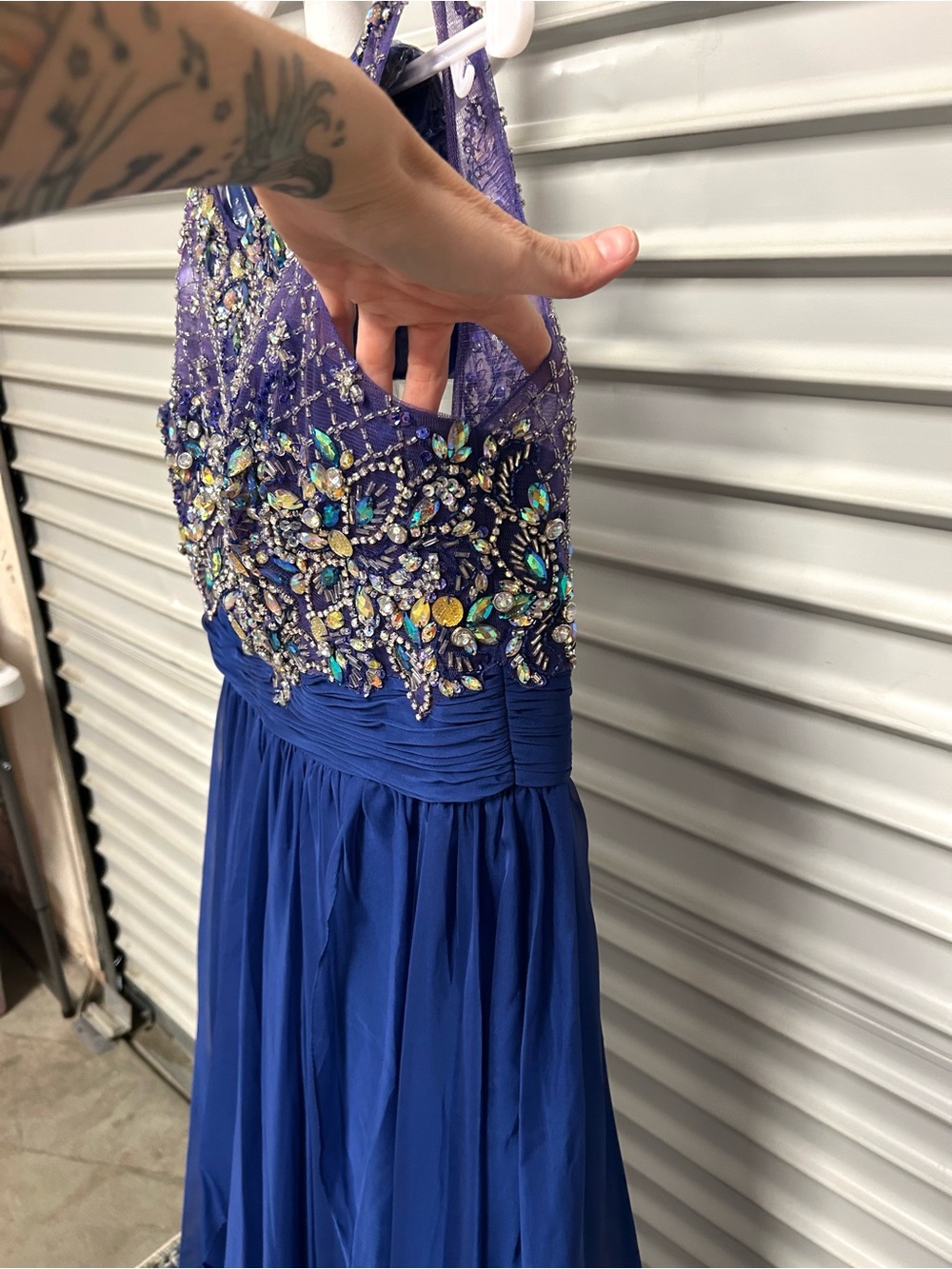 Lets Fashion Blue Beaded Formal Dress Embellished Bodice Chiffon Prom Gown M - Picture 4 of 12